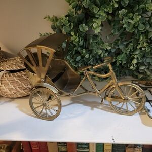 Vintage Brass Chinese Rickshaw Bicycle Figurine Moving Parts
